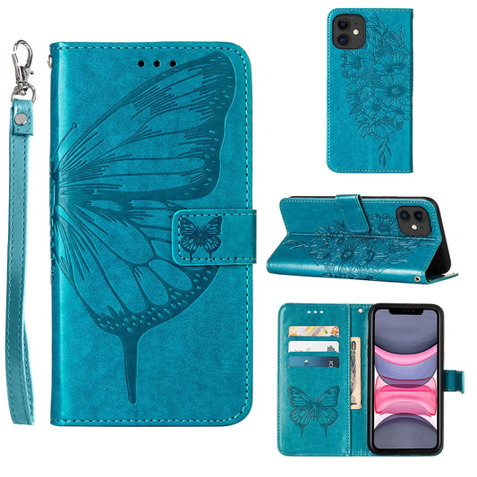 iPhone 11 Wallet Case (Butterfly Floral Embossed PU Leather Flip Protective Cover)