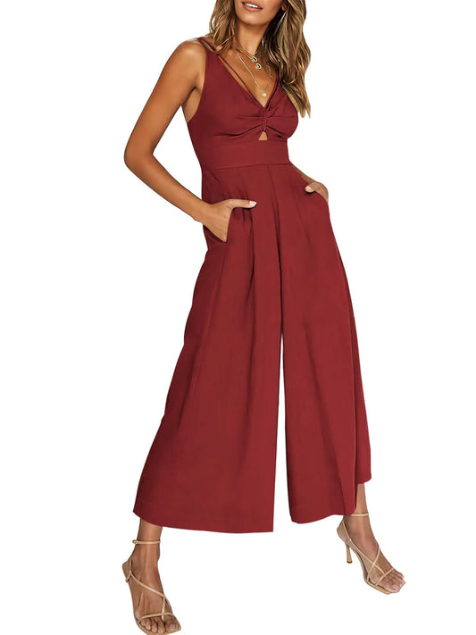 Women’s Halter V-Neck Cutout Wide-Leg Jumpsuit