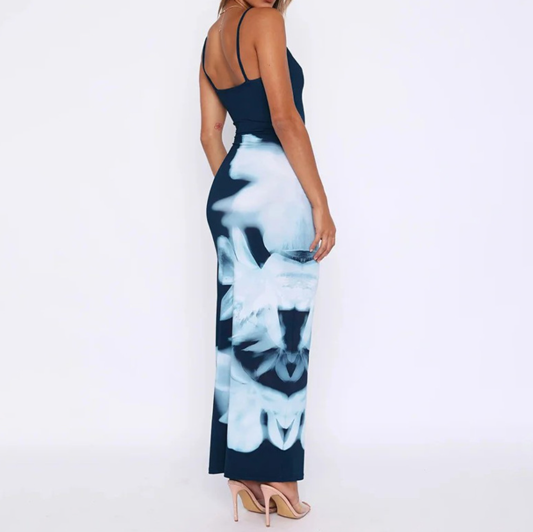 Elegant Blue Floral Maxi Dress with High Waist Design