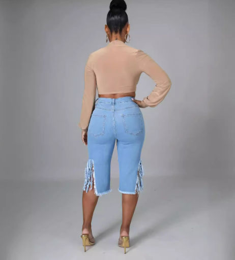 Ladies Stretch Denim Shorts with Fringe and Rips (One Piece)