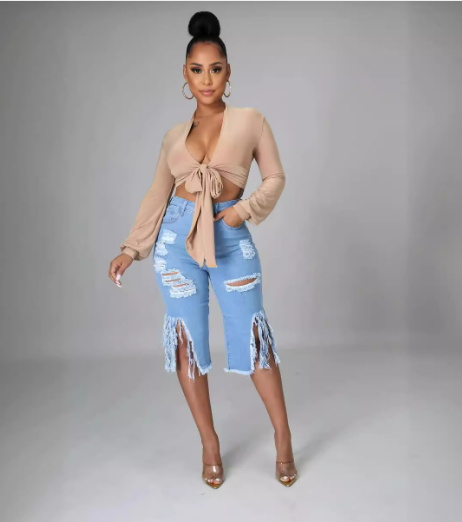 Ladies Stretch Denim Shorts with Fringe and Rips (One Piece)