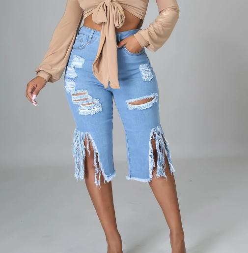 Ladies Stretch Denim Shorts with Fringe and Rips (One Piece)
