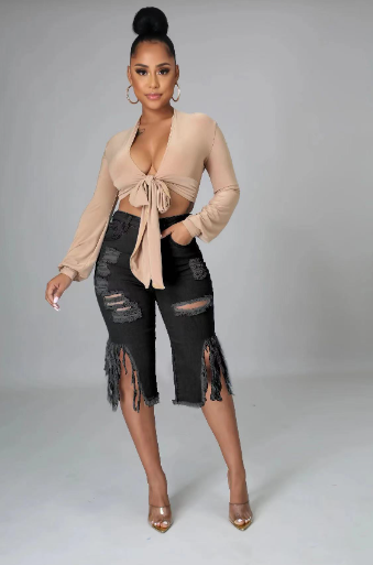 Ladies Stretch Denim Shorts with Fringe and Rips (One Piece)