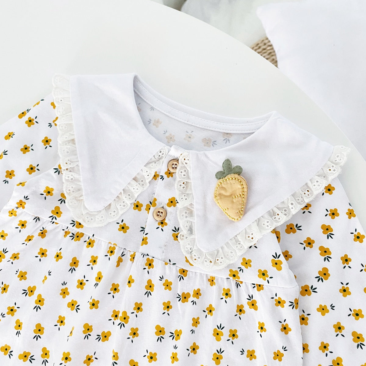 Baby Girl Ditsy Floral Print Carrot Embroidered Pattern Lapel Romper