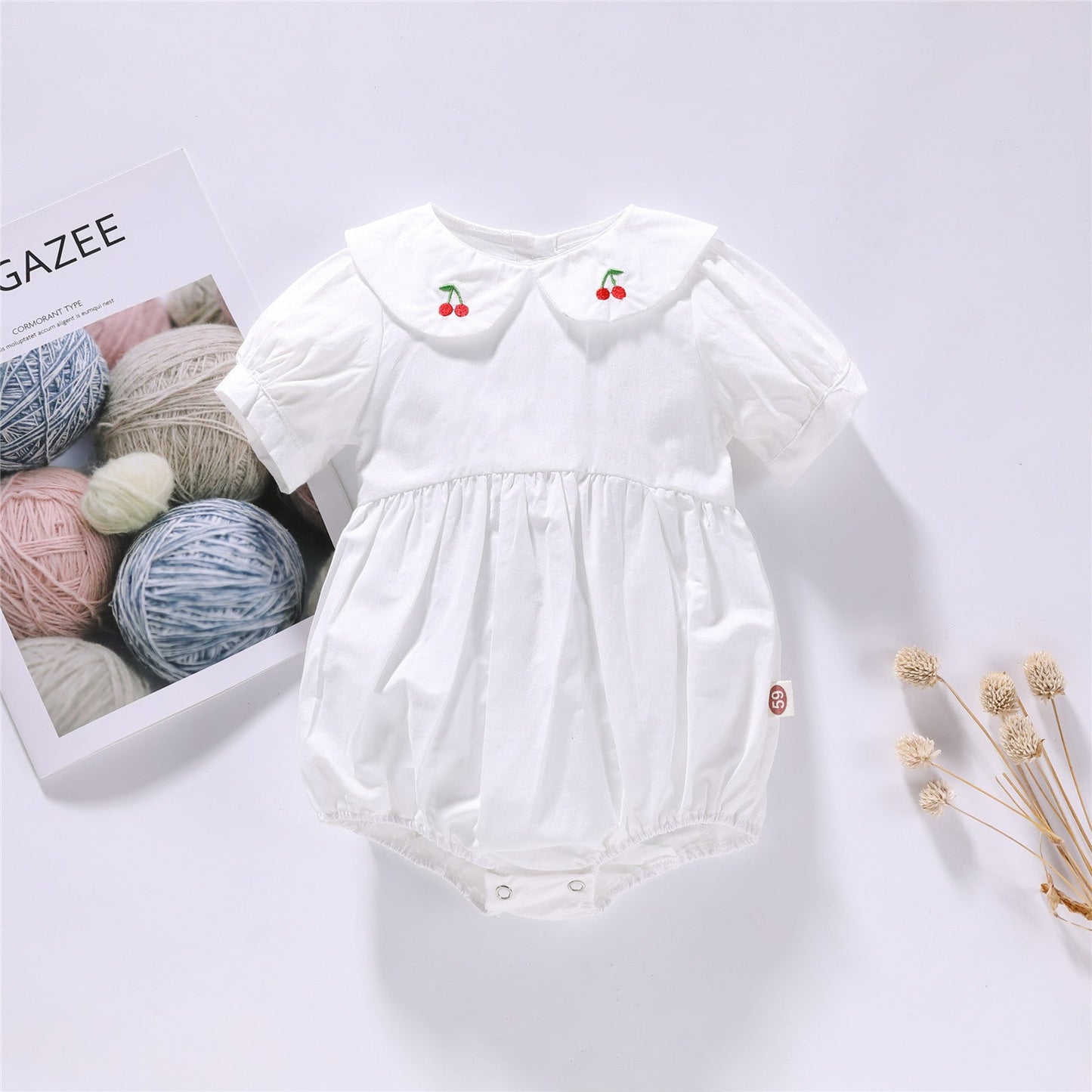 Baby Girl Solid Color Cherry Embroidered Design Puff Sleeved Onesies