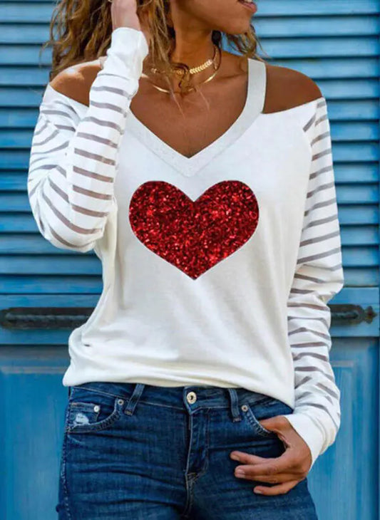 Fashion Ladies V Off-Shoulder Printed T-Shirt