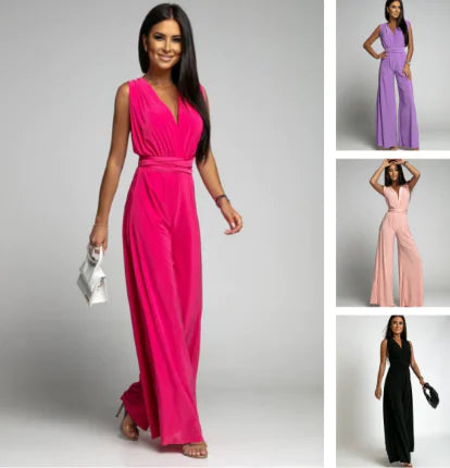 Sleeveless V-Neck Jumpsuit with Open Back (One Piece)