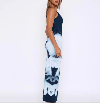 Elegant Blue Floral Maxi Dress with High Waist Design