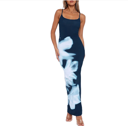 Elegant Blue Floral Maxi Dress with High Waist Design