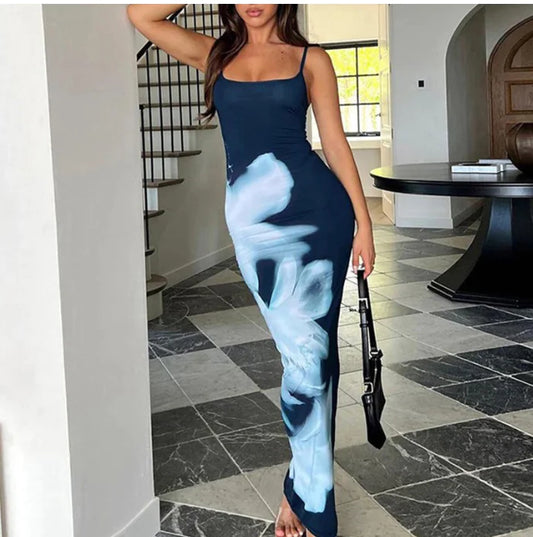 Elegant Blue Floral Maxi Dress with High Waist Design