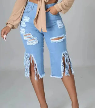 Ladies Stretch Denim Shorts with Fringe and Rips (One Piece)