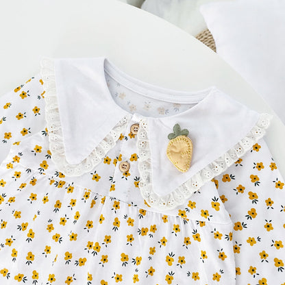 Baby Girl Ditsy Floral Print Carrot Embroidered Pattern Lapel Romper
