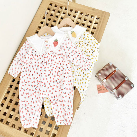 Baby Girl Ditsy Floral Print Carrot Embroidered Pattern Lapel Romper