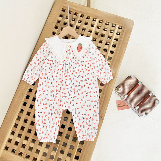 Baby Girl Ditsy Floral Print Carrot Embroidered Pattern Lapel Romper