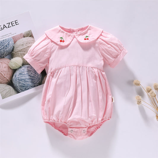 Baby Girl Solid Color Cherry Embroidered Design Puff Sleeved Onesies